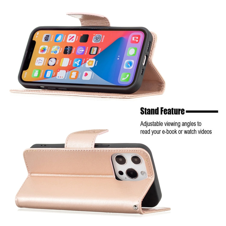 For iPhone 13 mini Embossing Two Butterflies Pattern Horizontal Flip PU Leather Case with Holder & Card Slot & Wallet & Lanyard (Rose Gold) by buy2fix