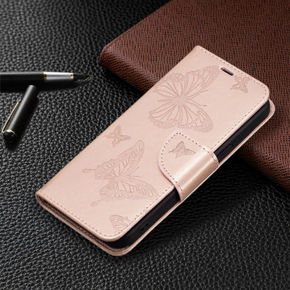 For iPhone 13 mini Embossing Two Butterflies Pattern Horizontal Flip PU Leather Case with Holder & Card Slot & Wallet & Lanyard (Rose Gold) by buy2fix