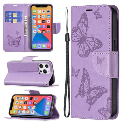 For iPhone 13 mini Embossing Two Butterflies Pattern Horizontal Flip PU Leather Case with Holder & Card Slot & Wallet & Lanyard (Purple) by buy2fix