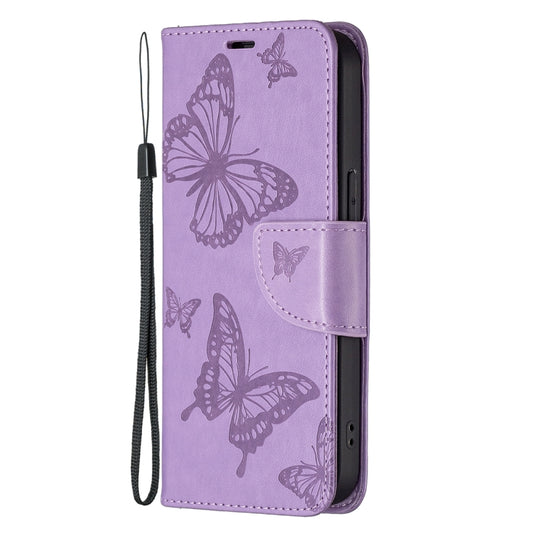 For iPhone 13 Pro Embossing Two Butterflies Pattern Horizontal Flip PU Leather Case with Holder & Card Slot & Wallet & Lanyard (Purple) - iPhone 13 Pro Cases by buy2fix | Online Shopping UK | buy2fix