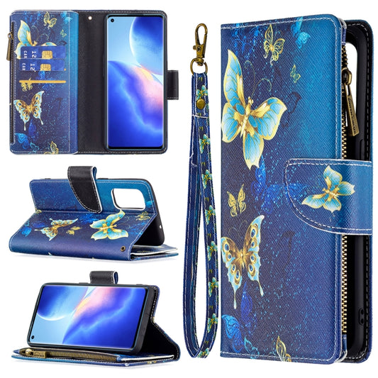 For OPPO Reno5 5G Colored Drawing Pattern Zipper Horizontal Flip Leather Case with Holder & Card Slots & Wallet(Gold Butterfly) by buy2fix