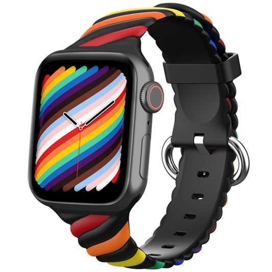 Two-color Twist Silicone Watch Band For Apple Watch Ultra 49mm&Watch Ultra 2 49mm / Series 9&8&7 45mm / SE 3&SE 2&6&SE&5&4 44mm / 3&2&1 42mm(Rainbow Black) by buy2fix