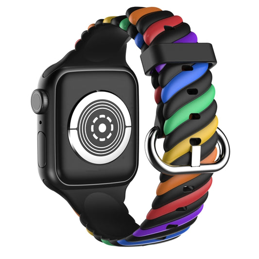 Two-color Twist Silicone Watch Band For Apple Watch Ultra 49mm&Watch Ultra 2 49mm / Series 9&8&7 45mm / SE 3&SE 2&6&SE&5&4 44mm / 3&2&1 42mm(Rainbow Black) by buy2fix