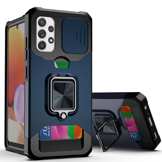 For Samsung Galaxy A32 4G Sliding Camera Cover Design PC + TPU Shockproof Case with Ring Holder & Card Slot(Blue) by buy2fix