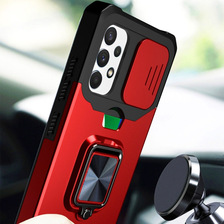 For Samsung Galaxy A32 4G Sliding Camera Cover Design PC + TPU Shockproof Case with Ring Holder & Card Slot(Blue) by buy2fix