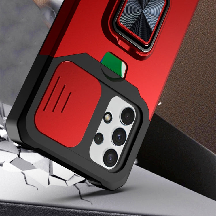 For Samsung Galaxy A32 4G Sliding Camera Cover Design PC + TPU Shockproof Case with Ring Holder & Card Slot(Blue) by buy2fix