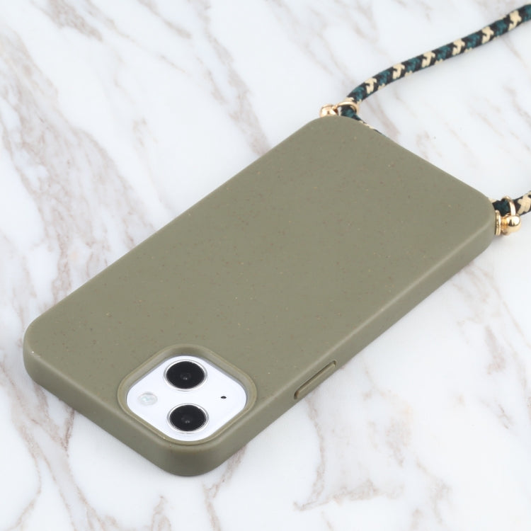For iPhone 13 mini Wheat Straw Material + TPU Shockproof Case with Neck Lanyard (Dark Green) by buy2fix