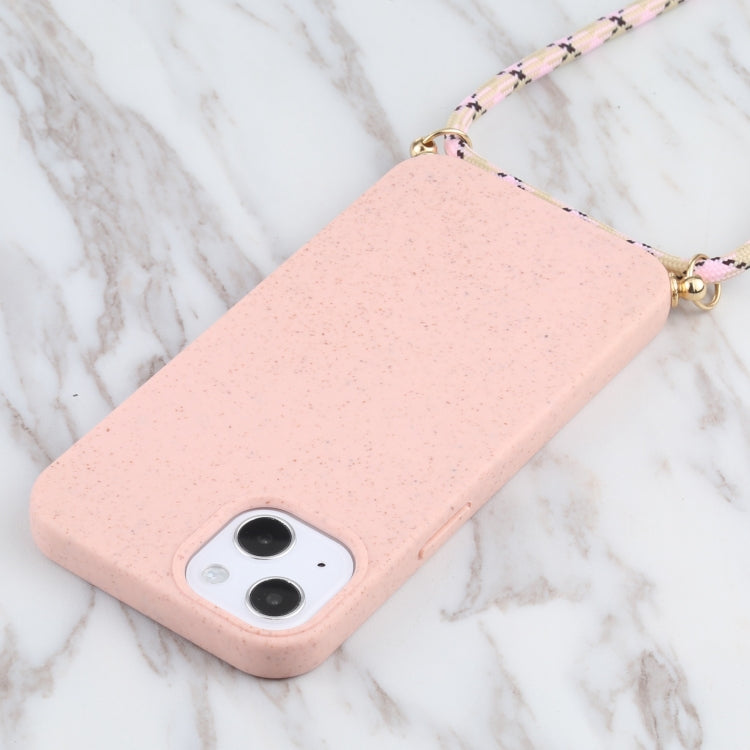 For iPhone 13 mini Wheat Straw Material + TPU Shockproof Case with Neck Lanyard (Pink) by buy2fix
