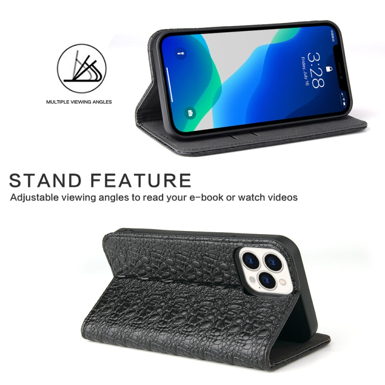 For iPhone 13 Pro Fierre Shann Crocodile Texture Magnetic Horizontal Flip Genuine Leather Case with Holder & Card Slot (Black) - iPhone 13 Pro Cases by FIERRE SHANN | Online Shopping UK | buy2fix