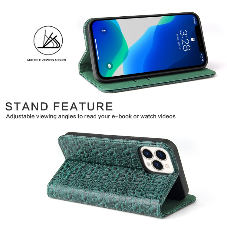 For iPhone 13 Pro Fierre Shann Crocodile Texture Magnetic Horizontal Flip Genuine Leather Case with Holder & Card Slot (Green) - iPhone 13 Pro Cases by FIERRE SHANN | Online Shopping UK | buy2fix