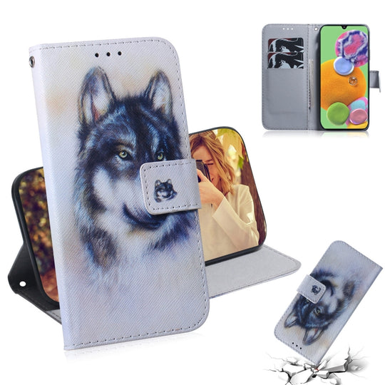For Galaxy A90 5G Coloured Drawing Pattern Horizontal Flip PU Leather Case with Holder & Card Slots & Wallet(White Wolf)