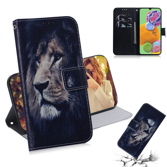 For Galaxy A90 5G Coloured Drawing Pattern Horizontal Flip PU Leather Case with Holder & Card Slots & Wallet(Lion)