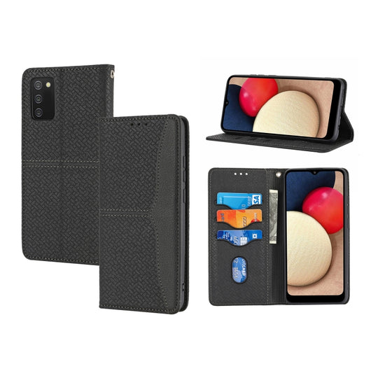 For Samsung Galaxy A02s 166mm Woven Texture Stitching Magnetic Horizontal Flip PU Leather Case with Holder & Card Slots & Wallet & Lanyard(Black)