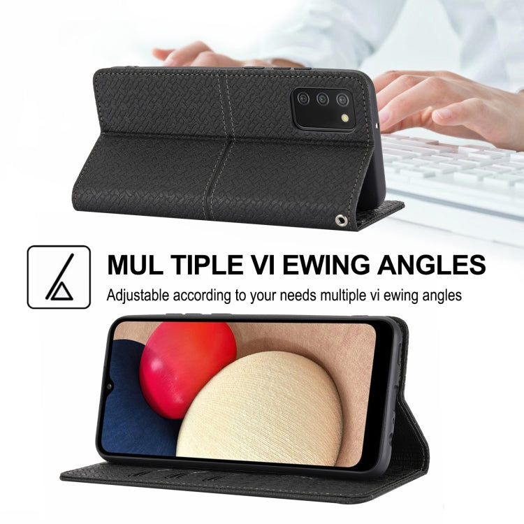For Samsung Galaxy A02s 166mm Woven Texture Stitching Magnetic Horizontal Flip PU Leather Case with Holder & Card Slots & Wallet & Lanyard(Black) by buy2fix