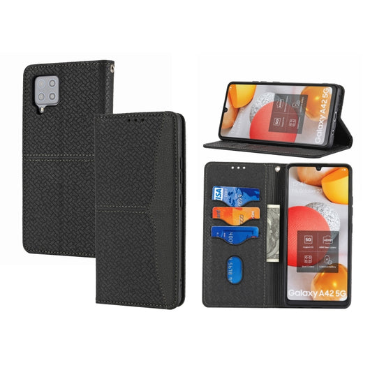 For Samsung Galaxy A12 5G Woven Texture Stitching Magnetic Horizontal Flip PU Leather Case with Holder & Card Slots & Wallet & Lanyard(Black)