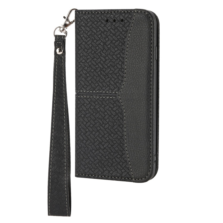 For Samsung Galaxy A12 5G Woven Texture Stitching Magnetic Horizontal Flip PU Leather Case with Holder & Card Slots & Wallet & Lanyard(Black) by buy2fix