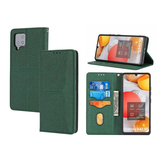 For Samsung Galaxy A22 5G Woven Texture Stitching Magnetic Horizontal Flip PU Leather Case with Holder & Card Slots & Wallet & Lanyard(Green)