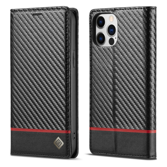 For iPhone 12 Pro Max LC.IMEEKE Carbon Fiber PU + TPU Horizontal Flip Leather Case with Holder & Card Slot & Wallet(Horizontal Black)