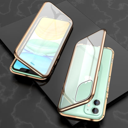 For iPhone 11 Ultra Slim Double Sides Magnetic Adsorption Angular Frame Tempered Glass Magnet Flip Case(Gold) by buy2fix
