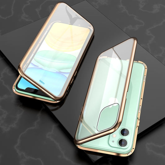 For iPhone 11 Ultra Slim Double Sides Magnetic Adsorption Angular Frame Tempered Glass Magnet Flip Case(Gold) by buy2fix