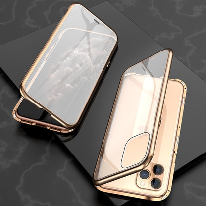 For iPhone 11 Pro Max Ultra Slim Double Sides Magnetic Adsorption Angular Frame Tempered Glass Magnet Flip Case(Gold) by buy2fix