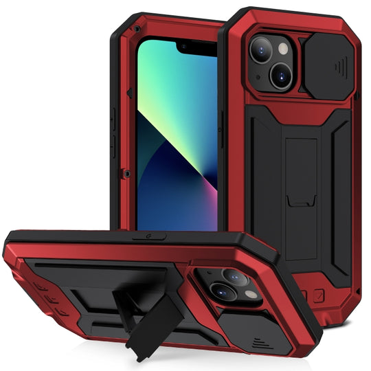 For iPhone 13 mini R-JUST Sliding Camera Shockproof Life Waterproof Dust-proof Metal + Silicone Protective Case with Holder (Red)