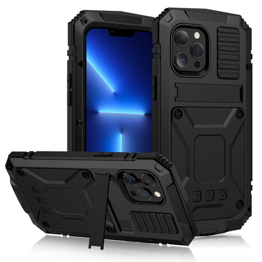 For iPhone 13 Pro R-JUST Shockproof Waterproof Dust-proof Metal + Silicone Protective Case with Holder (Black)