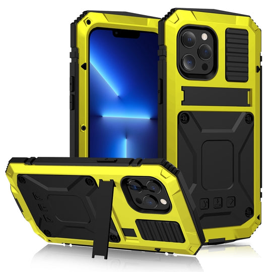For iPhone 13 Pro R-JUST Shockproof Waterproof Dust-proof Metal + Silicone Protective Case with Holder (Yellow)