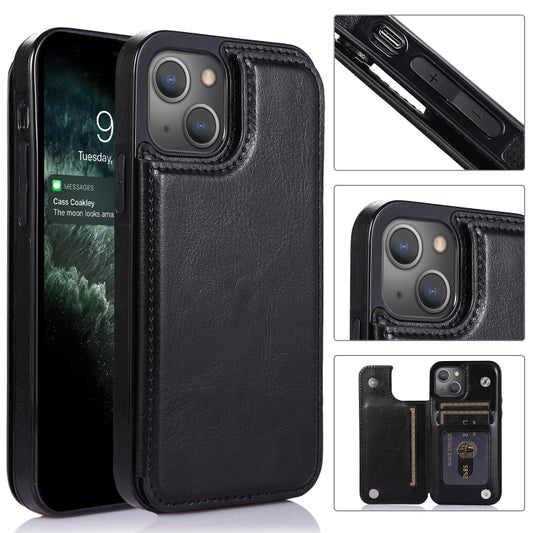 For iPhone 13 mini Double Buckle Shockproof PU Protective Case with Card Slots & Holder For iPhone 13 Mini(Black) by buy2fix