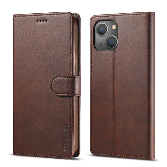 For iPhone 13 LC.IMEEKE Calf Texture Horizontal Flip Leather Case with Holder & Card Slots & Wallet(Brown)
