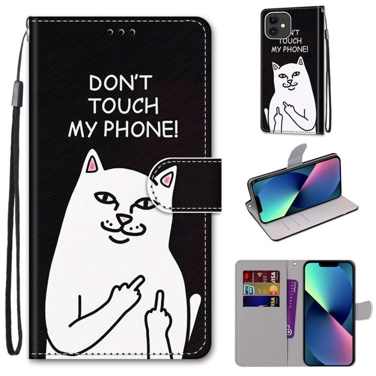 For iPhone 13 mini Coloured Drawing Cross Texture Horizontal Flip PU Leather Case with Holder & Card Slots & Wallet & Lanyard (Middle Finger White Cat) by buy2fix