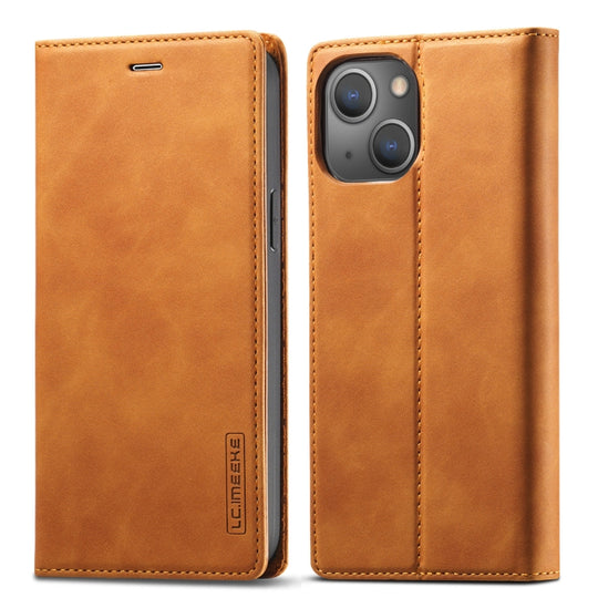 For iPhone 13 LC.IMEEKE Strong Magnetic PU + Matte TPU Horizontal Flip Leather Case with Holder & Card Slots & Wallet(Brown)