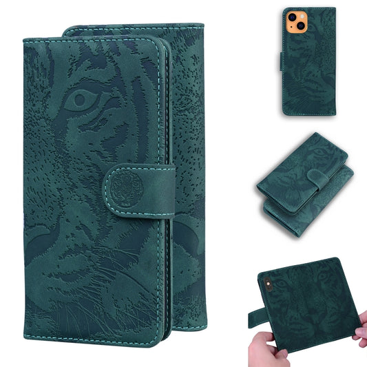 For iPhone 13 mini Tiger Embossing Pattern Horizontal Flip Leather Case with Holder & Card Slots & Wallet (Green) by buy2fix