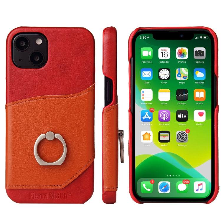 For iPhone 13 Fierre Shann Oil Wax Texture Genuine Leather Back Cover Case with 360 Degree Rotation Holder & Card Slot(Red) - iPhone 13 Cases by FIERRE SHANN | Online Shopping UK | buy2fix