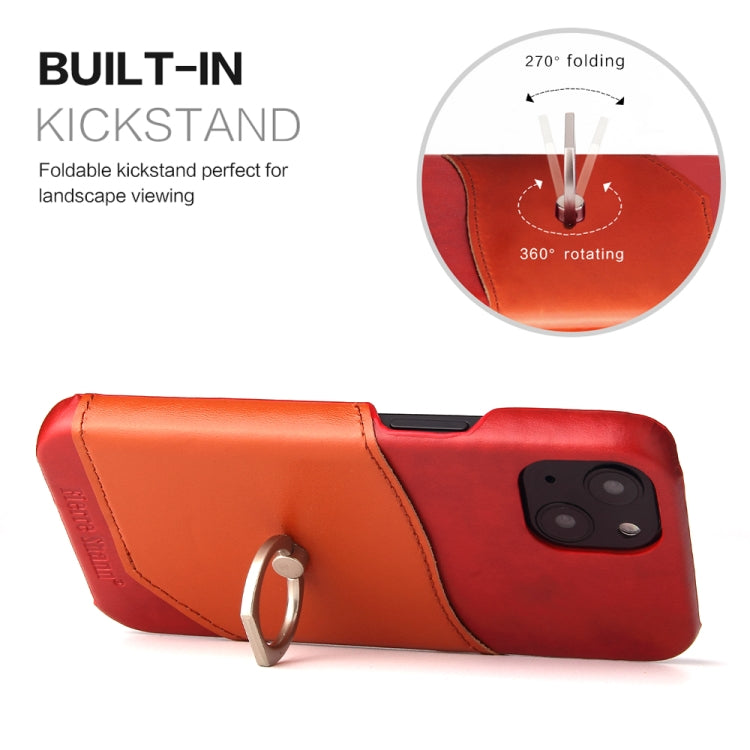 For iPhone 13 Fierre Shann Oil Wax Texture Genuine Leather Back Cover Case with 360 Degree Rotation Holder & Card Slot(Red) - iPhone 13 Cases by FIERRE SHANN | Online Shopping UK | buy2fix