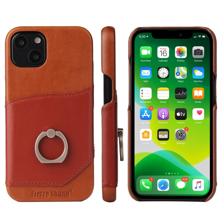 For iPhone 13 mini Fierre Shann Oil Wax Texture Genuine Leather Back Cover Case with 360 Degree Rotation Holder & Card Slot (Brown) - iPhone 13 mini Cases by FIERRE SHANN | Online Shopping UK | buy2fix