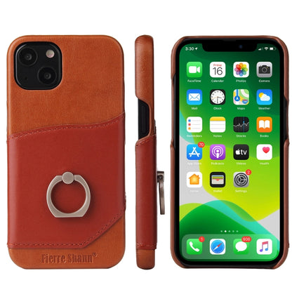 For iPhone 13 mini Fierre Shann Oil Wax Texture Genuine Leather Back Cover Case with 360 Degree Rotation Holder & Card Slot (Brown) - iPhone 13 mini Cases by FIERRE SHANN | Online Shopping UK | buy2fix
