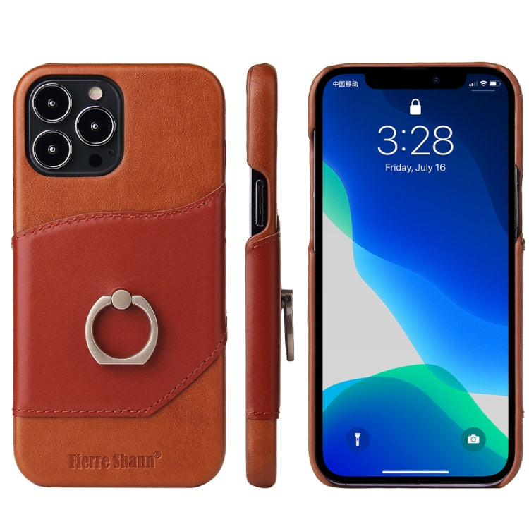 For iPhone 13 Pro Fierre Shann Oil Wax Texture Genuine Leather Back Cover Case with 360 Degree Rotation Holder & Card Slot (Brown) - iPhone 13 Pro Cases by FIERRE SHANN | Online Shopping UK | buy2fix