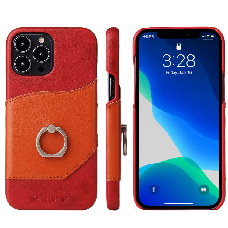 For iPhone 13 Pro Fierre Shann Oil Wax Texture Genuine Leather Back Cover Case with 360 Degree Rotation Holder & Card Slot (Red) - iPhone 13 Pro Cases by FIERRE SHANN | Online Shopping UK | buy2fix