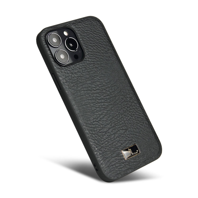For iPhone 13 Pro Max Fierre Shann Leather Texture Phone Back Cover Case (Cowhide Black) - iPhone 13 Pro Max Cases by FIERRE SHANN | Online Shopping UK | buy2fix