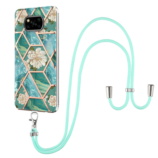 For Xiaomi Poco X3 NFC Electroplating Splicing Marble Flower Pattern TPU Shockproof Case with Lanyard(Blue Flower) - Xiaomi Cases by buy2fix | Online Shopping UK | buy2fix