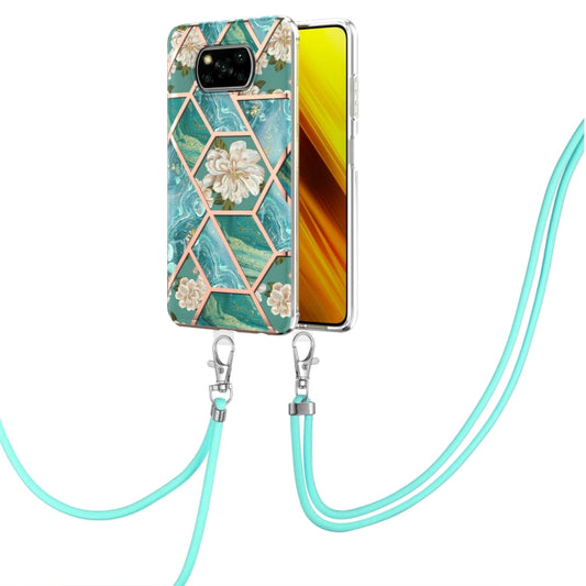 For Xiaomi Poco X3 NFC Electroplating Splicing Marble Flower Pattern TPU Shockproof Case with Lanyard(Blue Flower) - Xiaomi Cases by buy2fix | Online Shopping UK | buy2fix