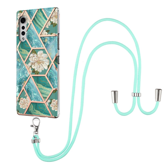 For LG Velvet 4G / Velvet 5G / G9 Electroplating Splicing Marble Flower Pattern TPU Shockproof Case with Lanyard(Blue Flower) - LG Cases by buy2fix | Online Shopping UK | buy2fix