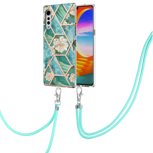 For LG Velvet 4G / Velvet 5G / G9 Electroplating Splicing Marble Flower Pattern TPU Shockproof Case with Lanyard(Blue Flower) - LG Cases by buy2fix | Online Shopping UK | buy2fix
