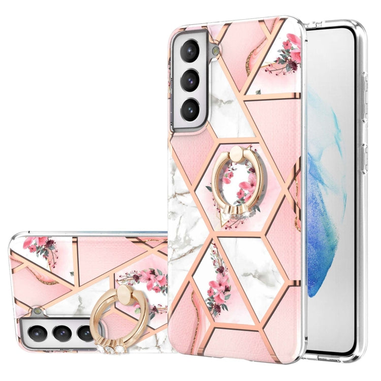 For Samsung Galaxy S21 FE Electroplating Splicing Marble Flower Pattern TPU Shockproof Case with Rhinestone Ring Holder(Pink Flower) by buy2fix