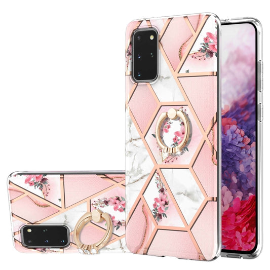 For Samsung Galaxy S20+ Electroplating Splicing Marble Flower Pattern TPU Shockproof Case with Rhinestone Ring Holder(Pink Flower) by buy2fix