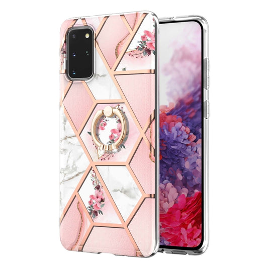 For Samsung Galaxy S20+ Electroplating Splicing Marble Flower Pattern TPU Shockproof Case with Rhinestone Ring Holder(Pink Flower) by buy2fix
