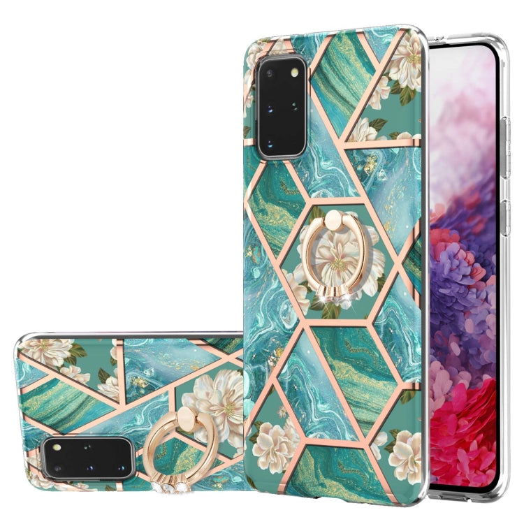 For Samsung Galaxy S20+ Electroplating Splicing Marble Flower Pattern TPU Shockproof Case with Rhinestone Ring Holder(Blue Flower) by buy2fix