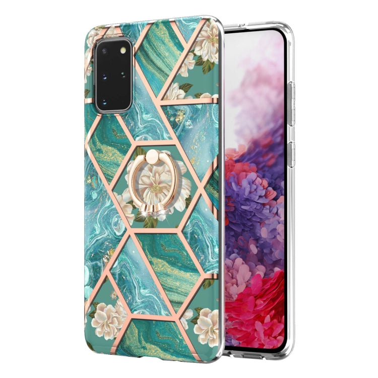 For Samsung Galaxy S20+ Electroplating Splicing Marble Flower Pattern TPU Shockproof Case with Rhinestone Ring Holder(Blue Flower) by buy2fix