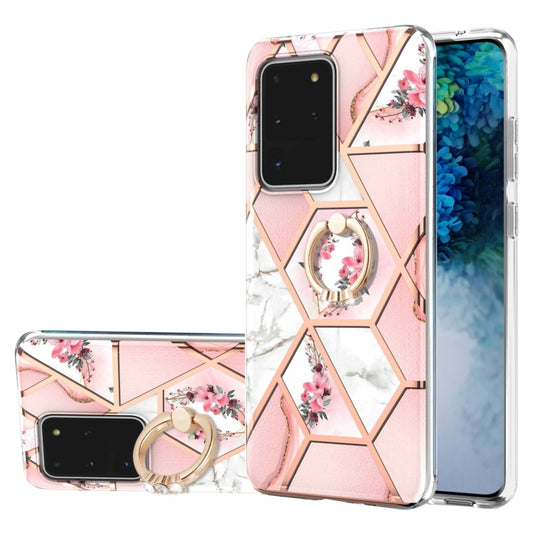 For Samsung Galaxy S20 Ultra Electroplating Splicing Marble Flower Pattern TPU Shockproof Case with Rhinestone Ring Holder(Pink Flower) by buy2fix